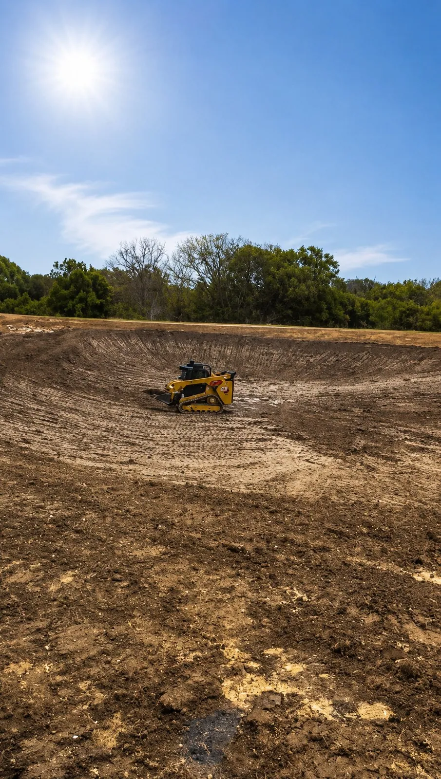 Skid steer working the floor of a newly dug stock tank